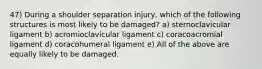 47) During a shoulder separation injury, which of the following structures is most likely to be damaged? a) sternoclavicular ligament b) acromioclavicular ligament c) coracoacromial ligament d) coracohumeral ligament e) All of the above are equally likely to be damaged.