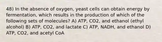 48) In the absence of oxygen, yeast cells can obtain energy by fermentation, which results in the production of which of the following sets of molecules? A) ATP, CO2, and ethanol (ethyl alcohol) B) ATP, CO2, and lactate C) ATP, NADH, and ethanol D) ATP, CO2, and acetyl CoA