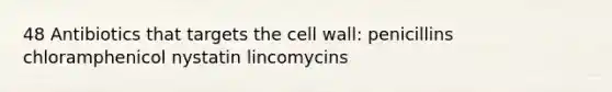 48 Antibiotics that targets the cell wall: penicillins chloramphenicol nystatin lincomycins