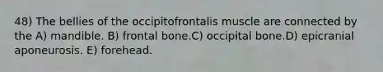 48) The bellies of the occipitofrontalis muscle are connected by the A) mandible. B) frontal bone.C) occipital bone.D) epicranial aponeurosis. E) forehead.