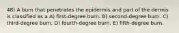 48) A burn that penetrates the epidermis and part of the dermis is classified as a A) first-degree burn. B) second-degree burn. C) third-degree burn. D) fourth-degree burn. E) fifth-degree burn.