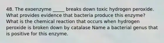 48. The exoenzyme _____ breaks down toxic hydrogen peroxide. What provides evidence that bacteria produce this enzyme? What is the chemical reaction that occurs when hydrogen peroxide is broken down by catalase Name a bacterial genus that is positive for this enzyme.