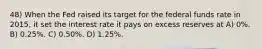 48) When the Fed raised its target for the federal funds rate in 2015, it set the interest rate it pays on excess reserves at A) 0%. B) 0.25%. C) 0.50%. D) 1.25%.