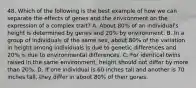 48. Which of the following is the best example of how we can separate the effects of genes and the environment on the expression of a complex trait? A. About 80% of an individual's height is determined by genes and 20% by environment. B. In a group of individuals of the same sex, about 80% of the variation in height among individuals is due to genetic differences and 20% is due to environmental differences. C. For identical twins raised in the same environment, height should not differ by more than 20%. D. If one individual is 60 inches tall and another is 70 inches tall, they differ in about 80% of their genes.