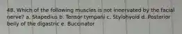 48. Which of the following muscles is not innervated by the facial nerve? a. Stapedius b. Tensor tympani c. Stylohyoid d. Posterior belly of the digastric e. Buccinator