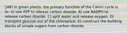 48) In green plants, the primary function of the Calvin cycle is to: A) use ATP to release carbon dioxide. B) use NADPH to release carbon dioxide. C) split water and release oxygen. D) transport glucose out of the chloroplast. E) construct the building blocks of simple sugars from carbon dioxide.