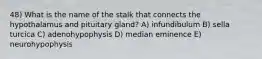 48) What is the name of the stalk that connects the hypothalamus and pituitary gland? A) infundibulum B) sella turcica C) adenohypophysis D) median eminence E) neurohypophysis