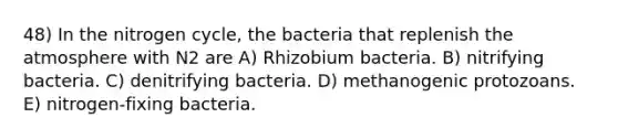 48) In the nitrogen cycle, the bacteria that replenish the atmosphere with N2 are A) Rhizobium bacteria. B) nitrifying bacteria. C) denitrifying bacteria. D) methanogenic protozoans. E) nitrogen-fixing bacteria.