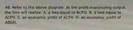 48. Refer to the above diagram. At the profit-maximizing output, the firm will realize: A. a loss equal to BCFG. B. a loss equal to ACFH. C. an economic profit of ACFH. D. an economic profit of ABGH.