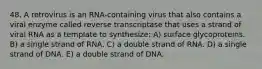 48. A retrovirus is an RNA-containing virus that also contains a viral enzyme called reverse transcriptase that uses a strand of viral RNA as a template to synthesize: A) surface glycoproteins. B) a single strand of RNA. C) a double strand of RNA. D) a single strand of DNA. E) a double strand of DNA.