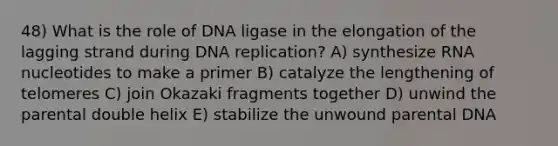 48) What is the role of DNA ligase in the elongation of the lagging strand during DNA replication? A) synthesize RNA nucleotides to make a primer B) catalyze the lengthening of telomeres C) join Okazaki fragments together D) unwind the parental double helix E) stabilize the unwound parental DNA