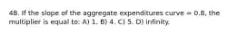 48. If the slope of the aggregate expenditures curve = 0.8, the multiplier is equal to: A) 1. B) 4. C) 5. D) infinity.