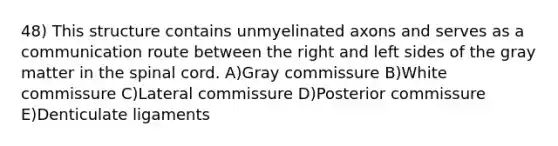 48) This structure contains unmyelinated axons and serves as a communication route between the right and left sides of the gray matter in <a href='https://www.questionai.com/knowledge/kkAfzcJHuZ-the-spinal-cord' class='anchor-knowledge'>the spinal cord</a>. A)Gray commissure B)White commissure C)Lateral commissure D)Posterior commissure E)Denticulate ligaments