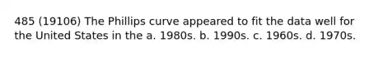 485 (19106) The Phillips curve appeared to fit the data well for the United States in the a. 1980s. b. 1990s. c. 1960s. d. 1970s.