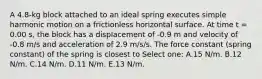 A 4.8-kg block attached to an ideal spring executes simple harmonic motion on a frictionless horizontal surface. At time t = 0.00 s, the block has a displacement of -0.9 m and velocity of -0.8 m/s and acceleration of 2.9 m/s/s. The force constant (spring constant) of the spring is closest to Select one: A.15 N/m. B.12 N/m. C.14 N/m. D.11 N/m. E.13 N/m.