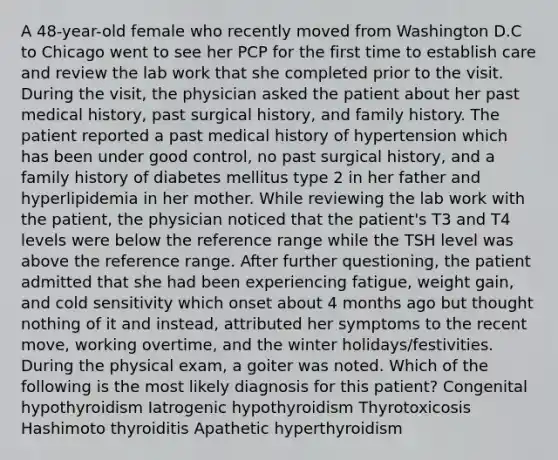 A 48-year-old female who recently moved from Washington D.C to Chicago went to see her PCP for the first time to establish care and review the lab work that she completed prior to the visit. During the visit, the physician asked the patient about her past medical history, past surgical history, and family history. The patient reported a past medical history of hypertension which has been under good control, no past surgical history, and a family history of diabetes mellitus type 2 in her father and hyperlipidemia in her mother. While reviewing the lab work with the patient, the physician noticed that the patient's T3 and T4 levels were below the reference range while the TSH level was above the reference range. After further questioning, the patient admitted that she had been experiencing fatigue, weight gain, and cold sensitivity which onset about 4 months ago but thought nothing of it and instead, attributed her symptoms to the recent move, working overtime, and the winter holidays/festivities. During the physical exam, a goiter was noted. Which of the following is the most likely diagnosis for this patient? Congenital hypothyroidism Iatrogenic hypothyroidism Thyrotoxicosis Hashimoto thyroiditis Apathetic hyperthyroidism