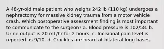 A 48-yr-old male patient who weighs 242 lb (110 kg) undergoes a nephrectomy for massive kidney trauma from a motor vehicle crash. Which postoperative assessment finding is most important to communicate to the surgeon? a. Blood pressure is 102/58. b. Urine output is 20 mL/hr for 2 hours. c. Incisional pain level is reported as 9/10. d. Crackles are heard at bilateral lung bases.