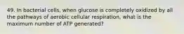 49. In bacterial cells, when glucose is completely oxidized by all the pathways of aerobic cellular respiration, what is the maximum number of ATP generated?