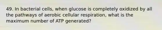 49. In bacterial cells, when glucose is completely oxidized by all the pathways of aerobic cellular respiration, what is the maximum number of ATP generated?