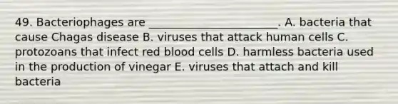 49. Bacteriophages are _______________________. A. bacteria that cause Chagas disease B. viruses that attack human cells C. protozoans that infect <a href='https://www.questionai.com/knowledge/kO3ylSXuZ5-red-blood-cells' class='anchor-knowledge'>red blood cells</a> D. harmless bacteria used in the production of vinegar E. viruses that attach and kill bacteria