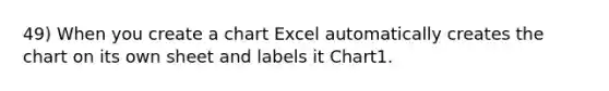 49) When you create a chart Excel automatically creates the chart on its own sheet and labels it Chart1.