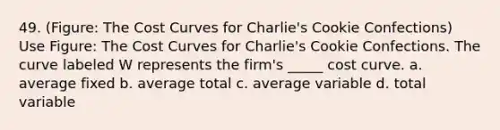 49. (Figure: The Cost Curves for Charlie's Cookie Confections) Use Figure: The Cost Curves for Charlie's Cookie Confections. The curve labeled W represents the firm's _____ cost curve. a. average fixed b. average total c. average variable d. total variable