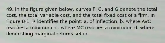 49. In the figure given below, curves F, C, and G denote the total cost, the total variable cost, and the total fixed cost of a firm. In Figure 8-1, R identifies the point: a. of inflection. b. where AVC reaches a minimum. c. where MC reaches a minimum. d. where diminishing marginal returns set in.