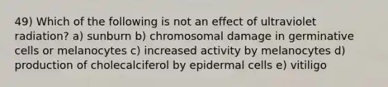 49) Which of the following is not an effect of ultraviolet radiation? a) sunburn b) chromosomal damage in germinative cells or melanocytes c) increased activity by melanocytes d) production of cholecalciferol by epidermal cells e) vitiligo