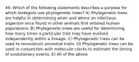 49. Which of the following statements describes a purpose for which biologists use phylogenetic trees? A) Phylogenetic trees are helpful in determining when and where an infectious organism once found in other animals first entered human populations. B) Phylogenetic trees are useful for determining how many times a particular trait may have evolved independently within a lineage. C) Phylogenetic trees can be used to reconstruct ancestral traits. D) Phylogenetic trees can be used in conjunction with molecular clocks to estimate the timing of evolutionary events. E) All of the above