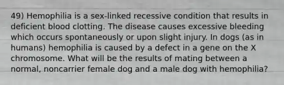 49) Hemophilia is a sex-linked recessive condition that results in deficient blood clotting. The disease causes excessive bleeding which occurs spontaneously or upon slight injury. In dogs (as in humans) hemophilia is caused by a defect in a gene on the X chromosome. What will be the results of mating between a normal, noncarrier female dog and a male dog with hemophilia?