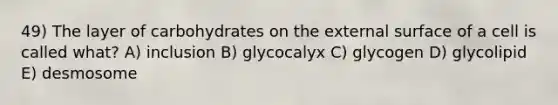 49) The layer of carbohydrates on the external surface of a cell is called what? A) inclusion B) glycocalyx C) glycogen D) glycolipid E) desmosome