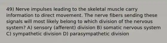 49) Nerve impulses leading to the skeletal muscle carry information to direct movement. The nerve fibers sending these signals will most likely belong to which division of the nervous system? A) sensory (afferent) division B) somatic nervous system C) sympathetic division D) parasympathetic division