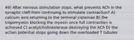 49) After nervous stimulation stops, what prevents ACh in the synaptic cleft from continuing to stimulate contraction? A) calcium ions returning to the terminal cisternae B) the tropomyosin blocking the myosin once full contraction is achieved C) acetylcholinesterase destroying the ACh D) the action potential stops going down the overloaded T tubules