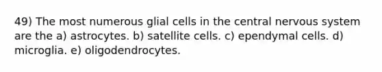 49) The most numerous glial cells in the central nervous system are the a) astrocytes. b) satellite cells. c) ependymal cells. d) microglia. e) oligodendrocytes.