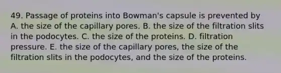 49. Passage of proteins into Bowman's capsule is prevented by A. the size of the capillary pores. B. the size of the filtration slits in the podocytes. C. the size of the proteins. D. filtration pressure. E. the size of the capillary pores, the size of the filtration slits in the podocytes, and the size of the proteins.