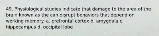 49. Physiological studies indicate that damage to the area of the brain known as the can disrupt behaviors that depend on working memory. a. prefrontal cortex b. amygdala c. hippocampus d. occipital lobe