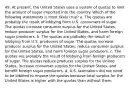 49. At present, the United States uses a system of quotas to limit the amount of sugar imported into the country. Which of the following statements is most likely true? a. The quotas are probably the result of lobbying from U.S. consumers of sugar. The quotas increase consumer surplus for the United States, reduce producer surplus for the United States, and harm foreign sugar producers. b. The quotas are probably the result of lobbying from U.S. producers of sugar. The quotas increase producer surplus for the United States, reduce consumer surplus for the United States, and harm foreign sugar producers. c. The quotas are probably the result of lobbying from foreign producers of sugar. The quotas reduce producer surplus for the United States, increase consumer surplus for the United States, and benefit foreign sugar producers. d. U.S. lawmakers did not need to be lobbied to impose the quotas because total surplus for the United States is higher with the quotas than without them.