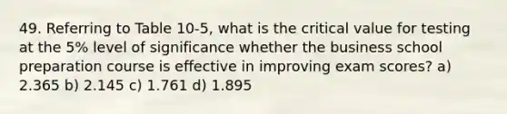 49. Referring to Table 10-5, what is the critical value for testing at the 5% level of significance whether the business school preparation course is effective in improving exam scores? a) 2.365 b) 2.145 c) 1.761 d) 1.895