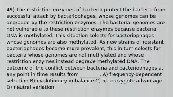 49) The restriction enzymes of bacteria protect the bacteria from successful attack by bacteriophages, whose genomes can be degraded by the restriction enzymes. The bacterial genomes are not vulnerable to these restriction enzymes because bacterial DNA is methylated. This situation selects for bacteriophages whose genomes are also methylated. As new strains of resistant bacteriophages become more prevalent, this in turn selects for bacteria whose genomes are not methylated and whose restriction enzymes instead degrade methylated DNA. The outcome of the conflict between bacteria and bacteriophages at any point in time results from ________. A) frequency-dependent selection B) evolutionary imbalance C) heterozygote advantage D) neutral variation