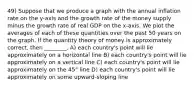 49) Suppose that we produce a graph with the annual inflation rate on the y-axis and the growth rate of the money supply minus the growth rate of real GDP on the x-axis. We plot the averages of each of these quantities over the past 50 years on the graph. If the quantity theory of money is approximately correct, then ________. A) each country's point will lie approximately on a horizontal line B) each country's point will lie approximately on a vertical line C) each country's point will lie approximately on the 45° line D) each country's point will lie approximately on some upward-sloping line