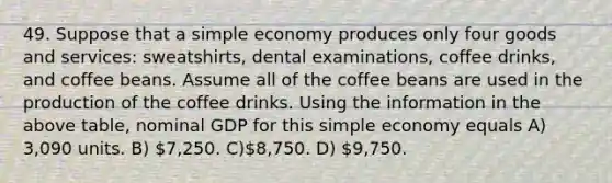 49. Suppose that a simple economy produces only four goods and services: sweatshirts, dental examinations, coffee drinks, and coffee beans. Assume all of the coffee beans are used in the production of the coffee drinks. Using the information in the above table, nominal GDP for this simple economy equals A) 3,090 units. B) 7,250. C)8,750. D) 9,750.