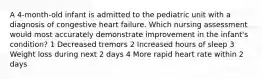 A 4-month-old infant is admitted to the pediatric unit with a diagnosis of congestive heart failure. Which nursing assessment would most accurately demonstrate improvement in the infant's condition? 1 Decreased tremors 2 Increased hours of sleep 3 Weight loss during next 2 days 4 More rapid heart rate within 2 days