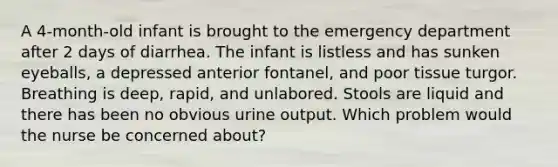 A 4-month-old infant is brought to the emergency department after 2 days of diarrhea. The infant is listless and has sunken eyeballs, a depressed anterior fontanel, and poor tissue turgor. Breathing is deep, rapid, and unlabored. Stools are liquid and there has been no obvious urine output. Which problem would the nurse be concerned about?