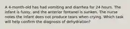 A 4-month-old has had vomiting and diarrhea for 24 hours. The infant is fussy, and the anterior fontanel is sunken. The nurse notes the infant does not produce tears when crying. Which task will help confirm the diagnosis of dehydration?