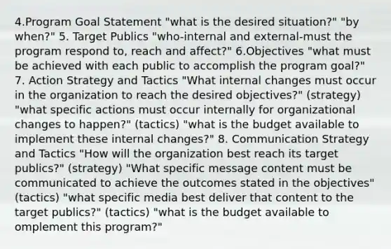 4.Program Goal Statement "what is the desired situation?" "by when?" 5. Target Publics "who-internal and external-must the program respond to, reach and affect?" 6.Objectives "what must be achieved with each public to accomplish the program goal?" 7. Action Strategy and Tactics "What internal changes must occur in the organization to reach the desired objectives?" (strategy) "what specific actions must occur internally for organizational changes to happen?" (tactics) "what is the budget available to implement these internal changes?" 8. Communication Strategy and Tactics "How will the organization best reach its target publics?" (strategy) "What specific message content must be communicated to achieve the outcomes stated in the objectives" (tactics) "what specific media best deliver that content to the target publics?" (tactics) "what is the budget available to omplement this program?"