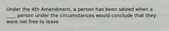 Under the 4th Amendment, a person has been seized when a ____ person under the circumstances would conclude that they were not free to leave