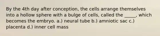 By the 4th day after conception, the cells arrange themselves into a hollow sphere with a bulge of cells, called the _____, which becomes the embryo. a.) neural tube b.) amniotic sac c.) placenta d.) inner cell mass