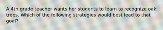 A 4th grade teacher wants her students to learn to recognize oak trees. Which of the following strategies would best lead to that goal?