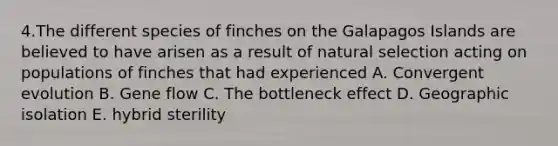 4.The different species of finches on the Galapagos Islands are believed to have arisen as a result of natural selection acting on populations of finches that had experienced A. Convergent evolution B. Gene flow C. The bottleneck effect D. Geographic isolation E. hybrid sterility