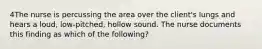 4The nurse is percussing the area over the client's lungs and hears a loud, low-pitched, hollow sound. The nurse documents this finding as which of the following?